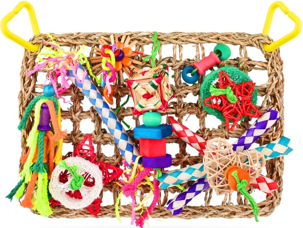 Bird Toys, Large-Sized Parrot Foraging Wall Grass Mat Conure Chewing Hanging Toys Cockatiel Climb Hammock Parakeet Toys for Small-Medium Birds