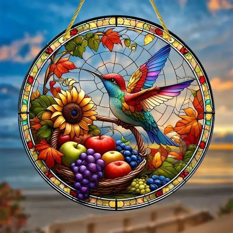 1Pc Sunflower Sunset Mountain Scenery Sun Catcher Stained Round Acrylic Hanging Decoration Suitable for Window Suncatcher Door