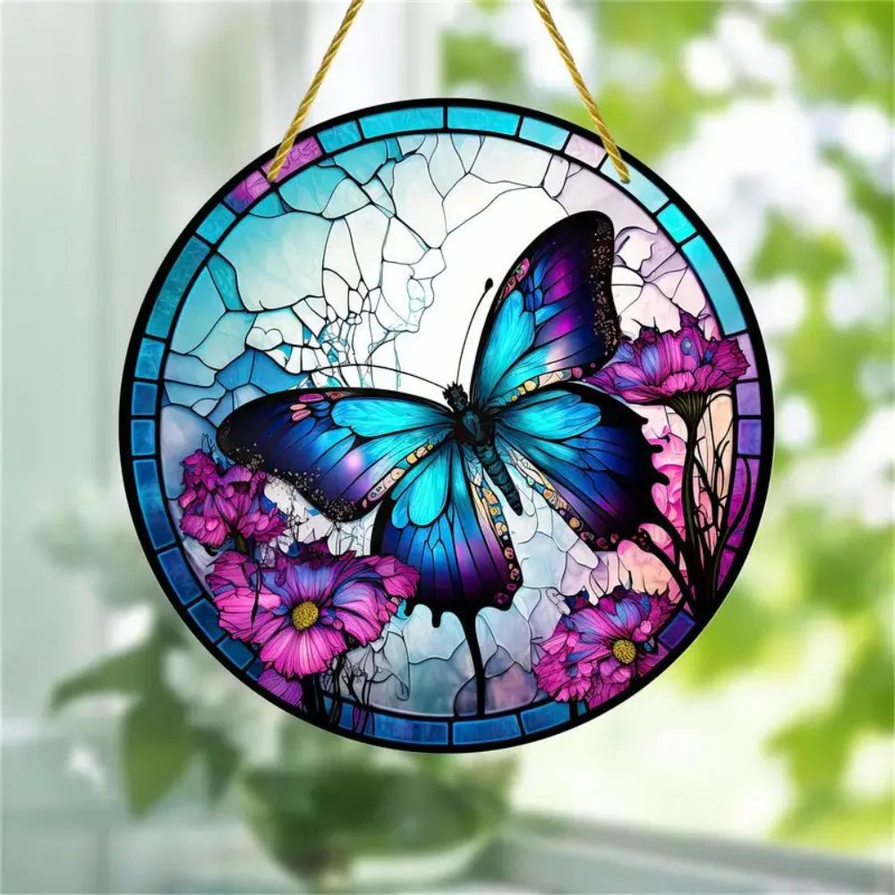 1Pc Sunflower Sunset Mountain Scenery Sun Catcher Stained Round Acrylic Hanging Decoration Suitable for Window Suncatcher Door