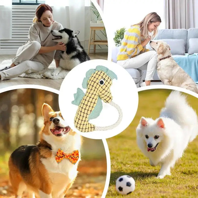 Dog Plush Chew Toys Squeaker Sea Animal Chewing Plush Cotton Rope Interactive Game Pet Entertaining Doll With Crinkle Paper For