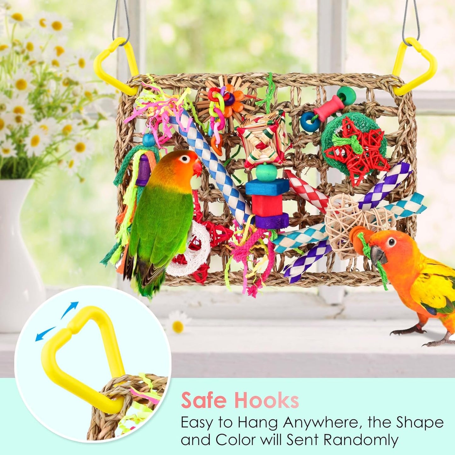 Bird Toys, Large-Sized Parrot Foraging Wall Grass Mat Conure Chewing Hanging Toys Cockatiel Climb Hammock Parakeet Toys for Small-Medium Birds