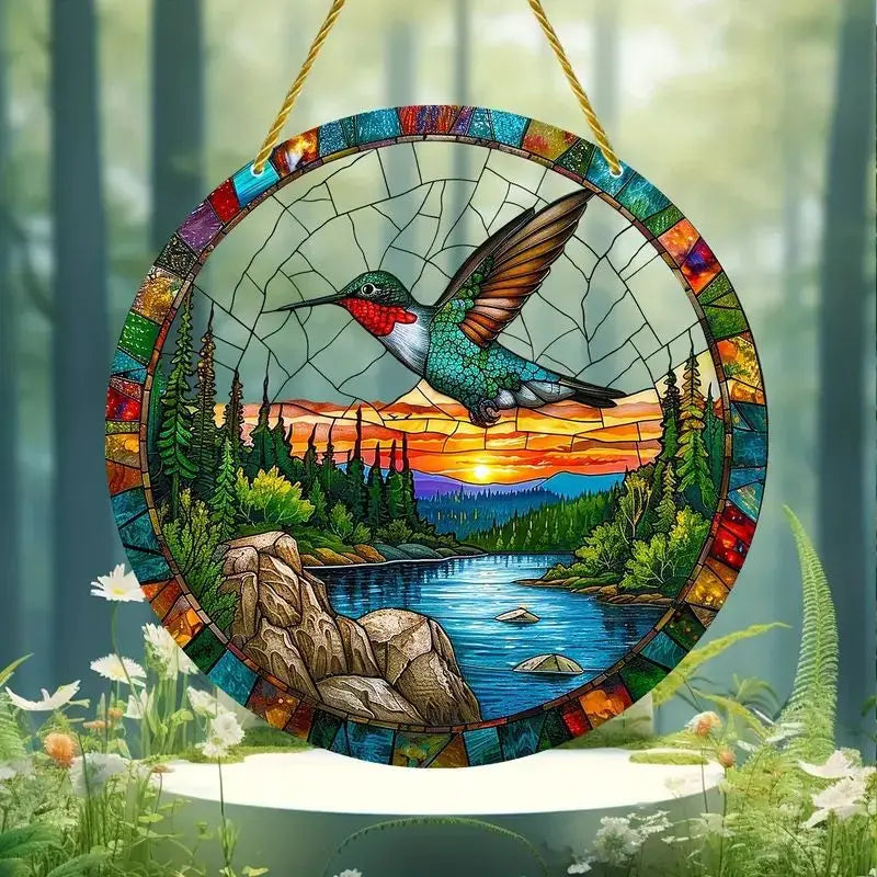 1Pc Sunflower Sunset Mountain Scenery Sun Catcher Stained Round Acrylic Hanging Decoration Suitable for Window Suncatcher Door