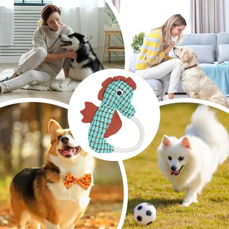 Dog Plush Chew Toys Squeaker Sea Animal Chewing Plush Cotton Rope Interactive Game Pet Entertaining Doll With Crinkle Paper For