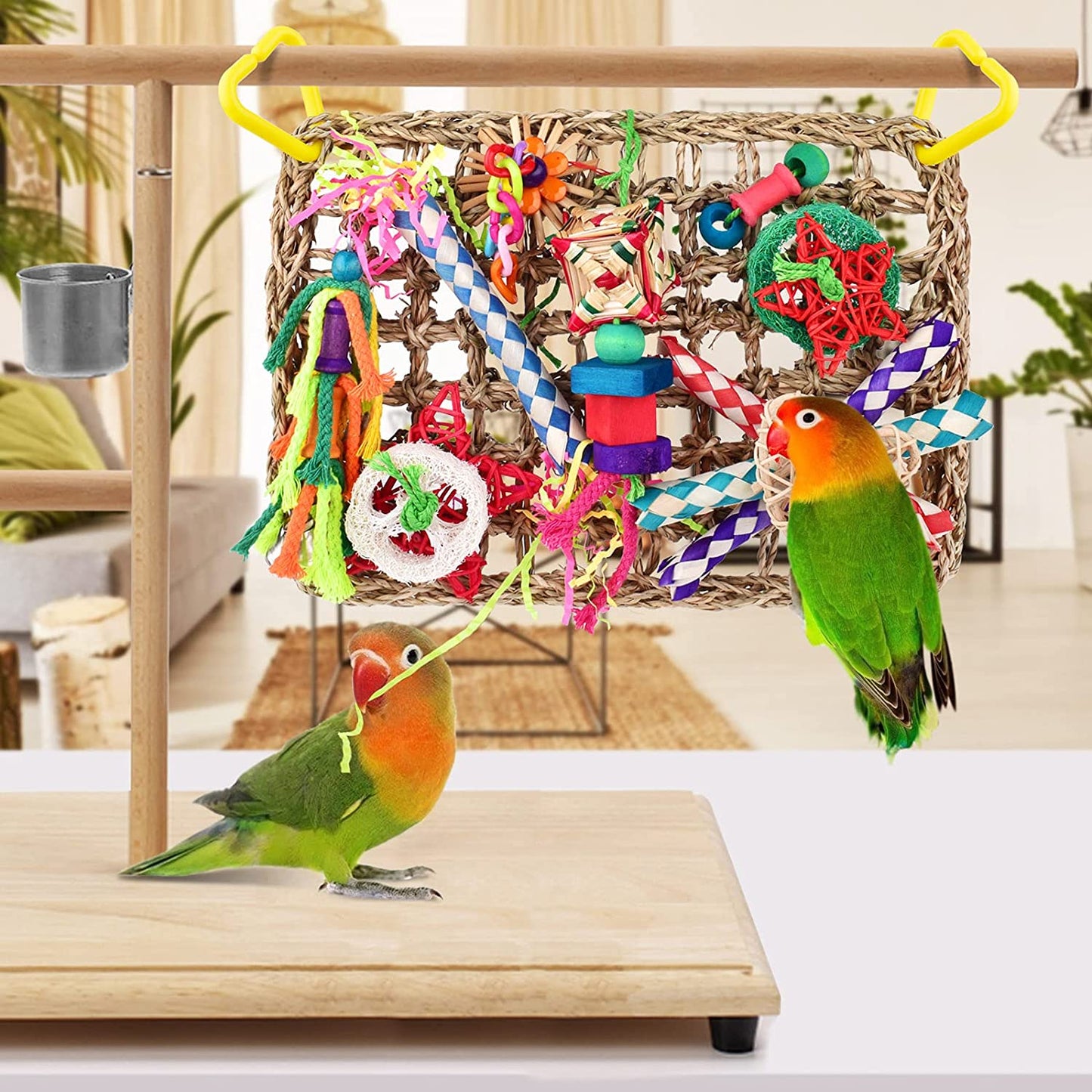 Bird Toys, Large-Sized Parrot Foraging Wall Grass Mat Conure Chewing Hanging Toys Cockatiel Climb Hammock Parakeet Toys for Small-Medium Birds