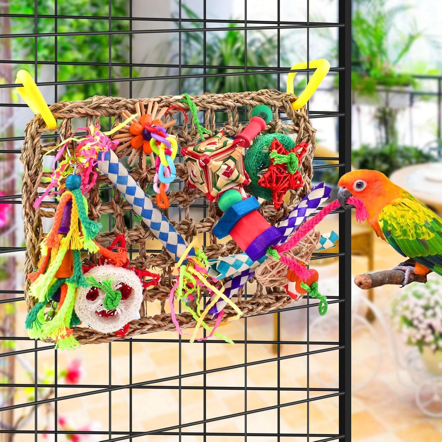 Bird Toys, Large-Sized Parrot Foraging Wall Grass Mat Conure Chewing Hanging Toys Cockatiel Climb Hammock Parakeet Toys for Small-Medium Birds