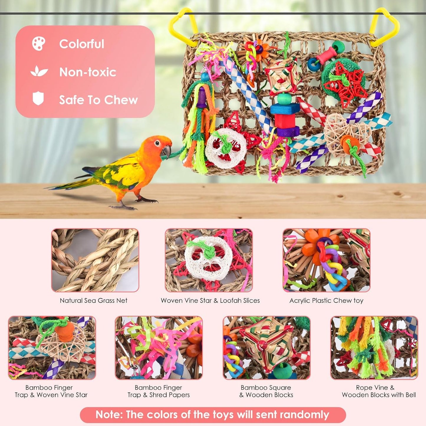Bird Toys, Large-Sized Parrot Foraging Wall Grass Mat Conure Chewing Hanging Toys Cockatiel Climb Hammock Parakeet Toys for Small-Medium Birds
