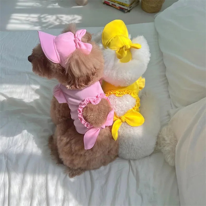 Pet Spring/Summer Love Hollow Tank Top Sunshade Hat Small Medium Sized Cat/Dog Clothes Set T-shirt Tank Top Hat Puppy Clothes