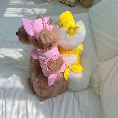Pet Spring/Summer Love Hollow Tank Top Sunshade Hat Small Medium Sized Cat/Dog Clothes Set T-shirt Tank Top Hat Puppy Clothes