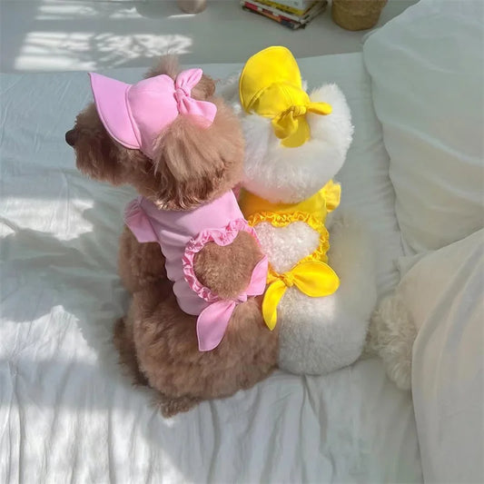 Pet Spring/Summer Love Hollow Tank Top Sunshade Hat Small Medium Sized Cat/Dog Clothes Set T-shirt Tank Top Hat Puppy Clothes