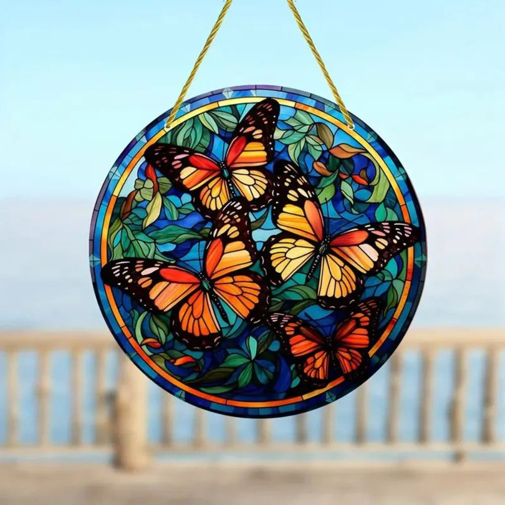 1Pc Sunflower Sunset Mountain Scenery Sun Catcher Stained Round Acrylic Hanging Decoration Suitable for Window Suncatcher Door