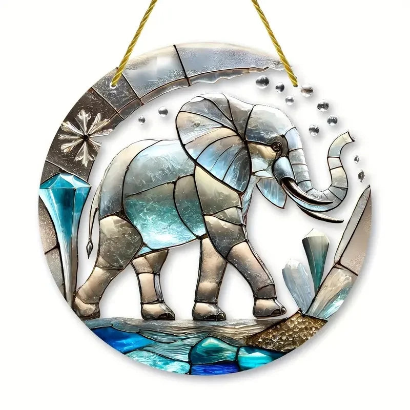 Strong Elephant Sun Catcher- Round Acrylic Stained Art Translucent Window Hanging,Home,Porch,room,Farmhouse Garden Decor