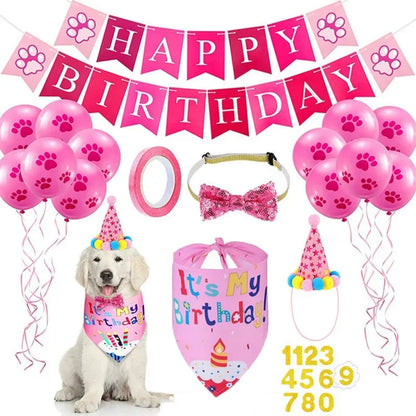 Dog Birthday Party Supplies Dog Girl Boy Birthday Bandanas Set with Dog Birthday Hat Scarf Birthday Banner Balloons and Bowtie