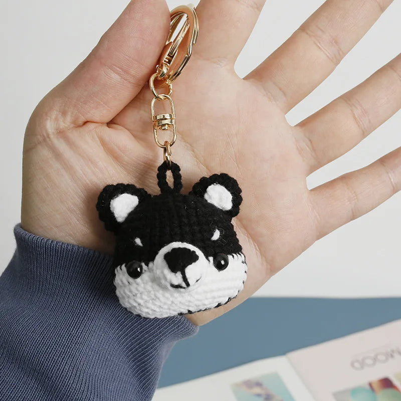 Funny Small Cat Crochet Keychain Cute Dog Head Knitting Keychain For Couple Handmaking Knitted Animal Doll Keyrings Wholesale