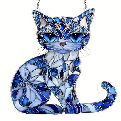 Cat Sun Catcher Ornament Acrylic Blue-white Stained Glass Window Hanging for Indoor/Outdoor Decor Garden Room Gift for Friends