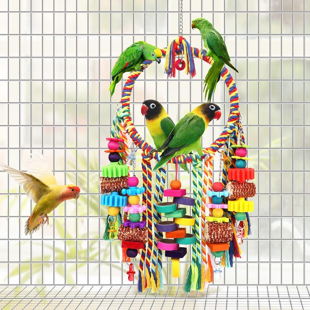 Bird Toys Bird Rope Ring Swing Perch with Corn Cob Cardboard Bagels Wooden Blocks Chewing Toys for Parakeets,Cockatiels,Conure,Lovebirds,Finches and Other Small-Sized Birds