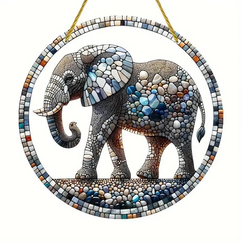 Strong Elephant Sun Catcher- Round Acrylic Stained Art Translucent Window Hanging,Home,Porch,room,Farmhouse Garden Decor