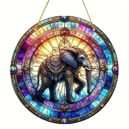 Strong Elephant Sun Catcher- Round Acrylic Stained Art Translucent Window Hanging,Home,Porch,room,Farmhouse Garden Decor