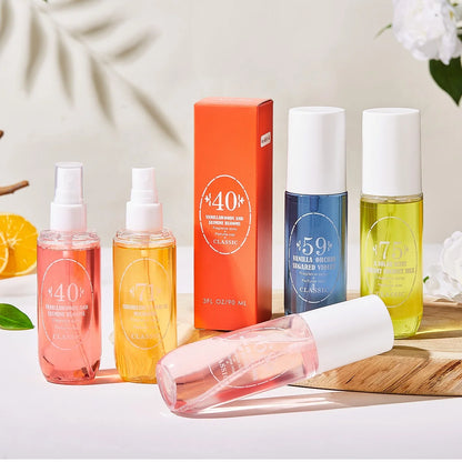 Natural alcohol-free and low-allergen liquid perfume spray that can be used on hair body and clothing Water-based natural oil