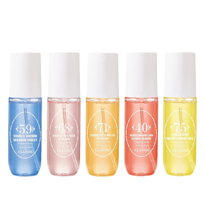 Natural alcohol-free and low-allergen liquid perfume spray that can be used on hair body and clothing Water-based natural oil