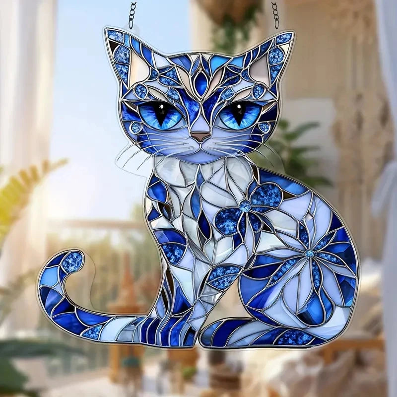 Cat Sun Catcher Ornament Acrylic Blue-white Stained Glass Window Hanging for Indoor/Outdoor Decor Garden Room Gift for Friends