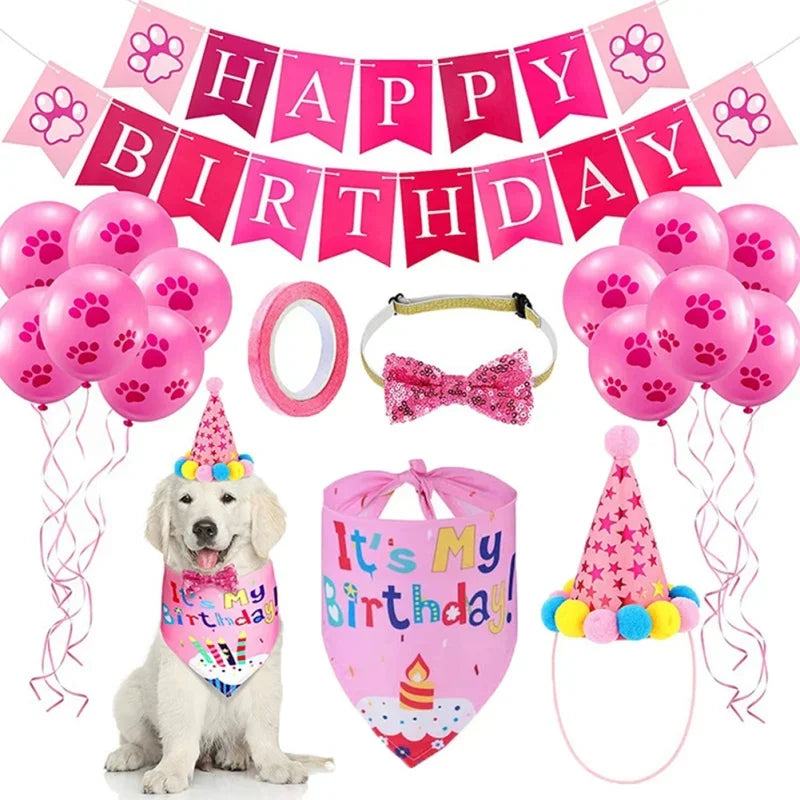 Dog Birthday Party Supplies Dog Girl Boy Birthday Bandanas Set with Dog Birthday Hat Scarf Birthday Banner Balloons and Bowtie