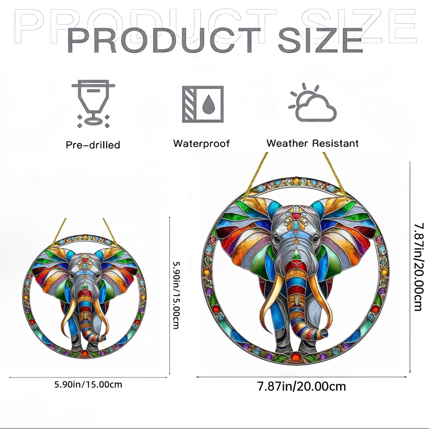 Strong Elephant Sun Catcher- Round Acrylic Stained Art Translucent Window Hanging,Home,Porch,room,Farmhouse Garden Decor