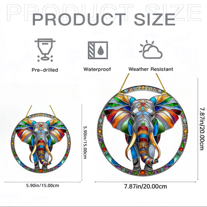 Strong Elephant Sun Catcher- Round Acrylic Stained Art Translucent Window Hanging,Home,Porch,room,Farmhouse Garden Decor