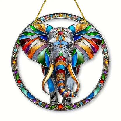 Strong Elephant Sun Catcher- Round Acrylic Stained Art Translucent Window Hanging,Home,Porch,room,Farmhouse Garden Decor
