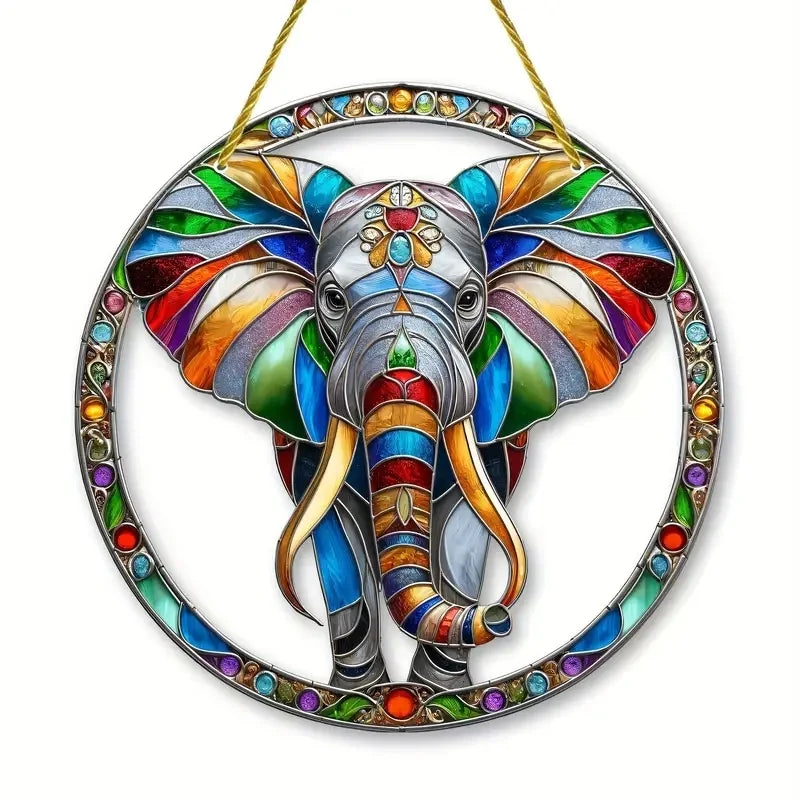 Strong Elephant Sun Catcher- Round Acrylic Stained Art Translucent Window Hanging,Home,Porch,room,Farmhouse Garden Decor