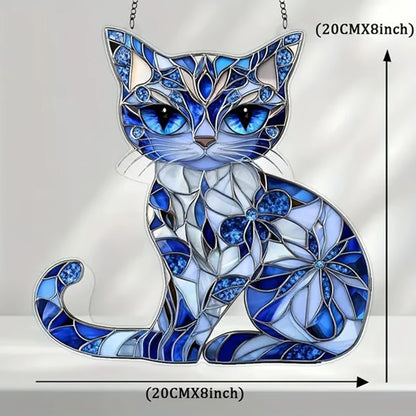Cat Sun Catcher Ornament Acrylic Blue-white Stained Glass Window Hanging for Indoor/Outdoor Decor Garden Room Gift for Friends