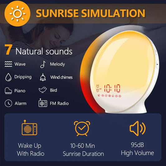 Sunrise Sunset Simulation Awakening Alarm Clock with Colorful Atmosphere Light and FM Radio Function.Relaxed Natural Sound Tunes