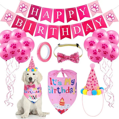 Dog Birthday Party Supplies Dog Girl Boy Birthday Bandanas Set with Dog Birthday Hat Scarf Birthday Banner Balloons and Bowtie