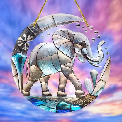 Strong Elephant Sun Catcher- Round Acrylic Stained Art Translucent Window Hanging,Home,Porch,room,Farmhouse Garden Decor