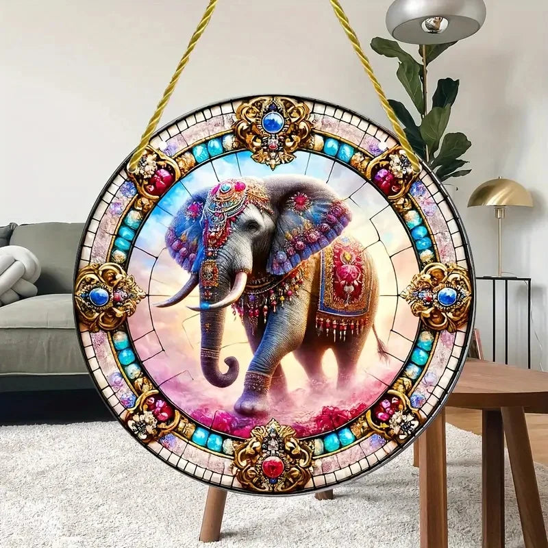 Strong Elephant Sun Catcher- Round Acrylic Stained Art Translucent Window Hanging,Home,Porch,room,Farmhouse Garden Decor