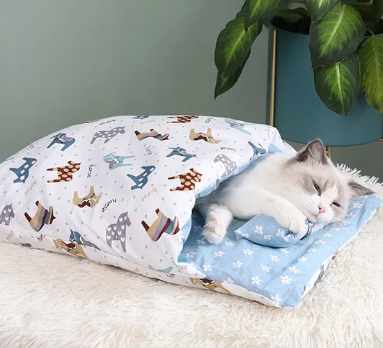 Japanese Cat Bed Warm Cat Sleeping Bag Deep Sleep Cave Winter Removable Pet House Bed for Cats Dogs Nest Cushion with Pillow-5