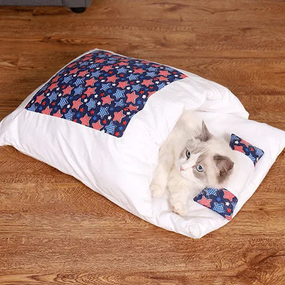 Japanese Cat Bed Warm Cat Sleeping Bag Deep Sleep Cave Winter Removable Pet House Bed for Cats Dogs Nest Cushion with Pillow-10