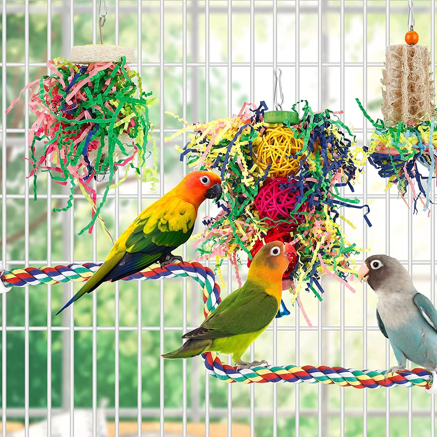 Bird Shredding Foraging Toys - Parakeet Chewing Hanging Toy, Shredded Paper Cage Accessories for Conure, Cockatiel, Budgies, Lovebird, Parrotlet (Without Rope Perch)