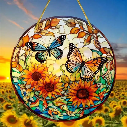 1Pc Sunflower Sunset Mountain Scenery Sun Catcher Stained Round Acrylic Hanging Decoration Suitable for Window Suncatcher Door