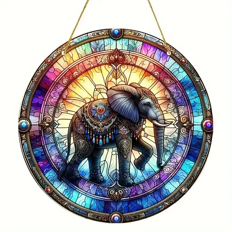 Strong Elephant Sun Catcher- Round Acrylic Stained Art Translucent Window Hanging,Home,Porch,room,Farmhouse Garden Decor