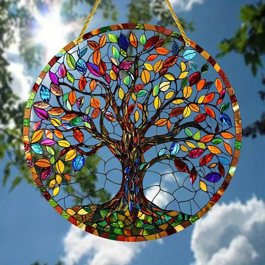 Round Sun Catcher 2D Colorful Acrylic Tree Sign Decor Exquisite Round Colored Tree Sign Decorations Door Handle Display