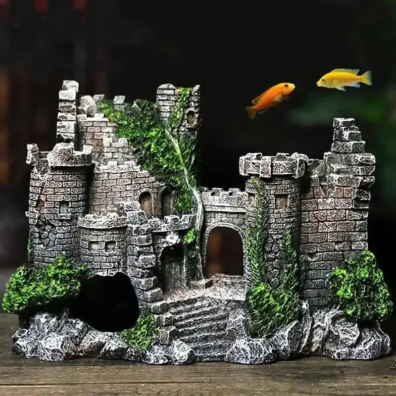 Aquarium Landscaping Resin Retro Castle Decoration Fry Shrimp Shelter Cave Fish Tank Mini Castle Ruins Ornaments Aquarium Decor