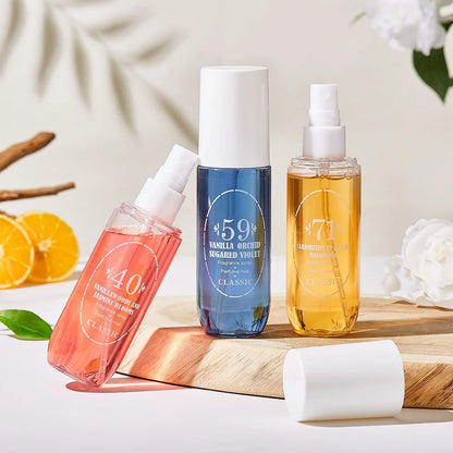 Natural alcohol-free and low-allergen liquid perfume spray that can be used on hair body and clothing Water-based natural oil