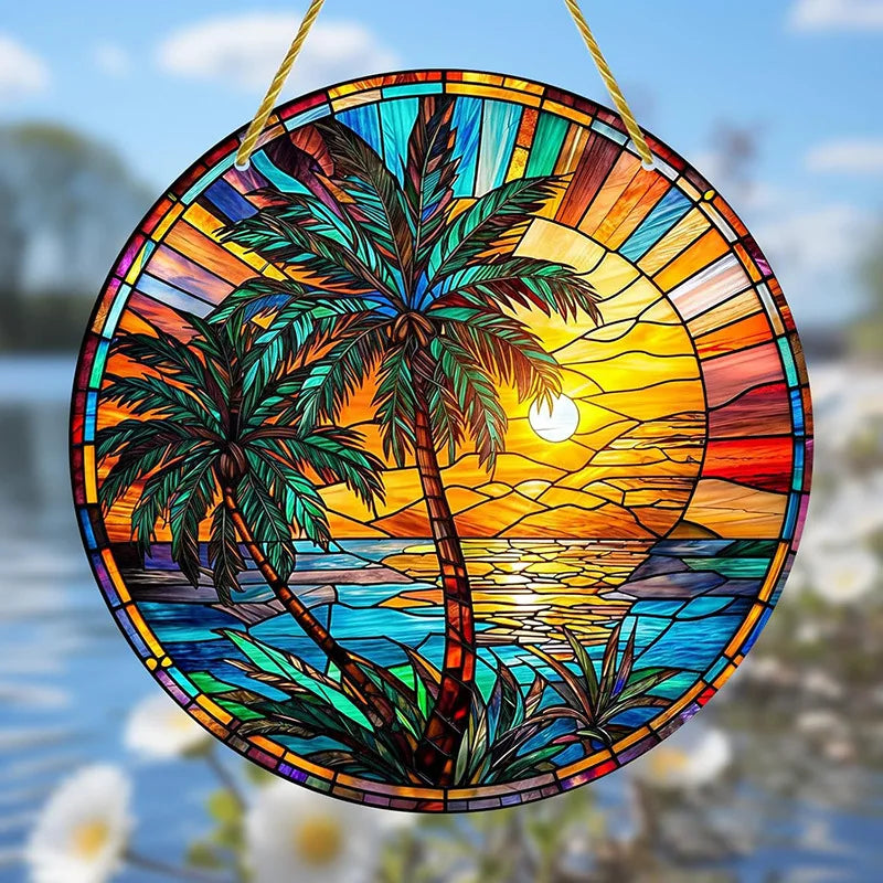 1Pc Sunflower Sunset Mountain Scenery Sun Catcher Stained Round Acrylic Hanging Decoration Suitable for Window Suncatcher Door