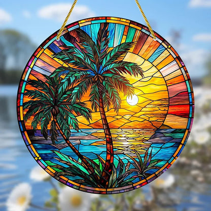 1Pc Sunflower Sunset Mountain Scenery Sun Catcher Stained Round Acrylic Hanging Decoration Suitable for Window Suncatcher Door