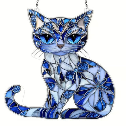 Cat Sun Catcher Ornament Acrylic Blue-white Stained Glass Window Hanging for Indoor/Outdoor Decor Garden Room Gift for Friends