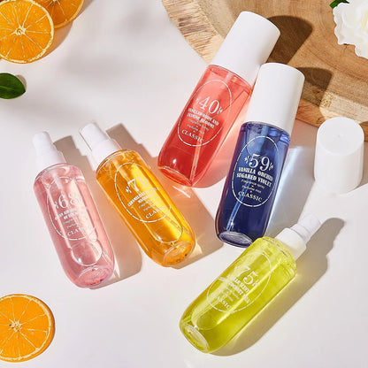 Natural alcohol-free and low-allergen liquid perfume spray that can be used on hair body and clothing Water-based natural oil