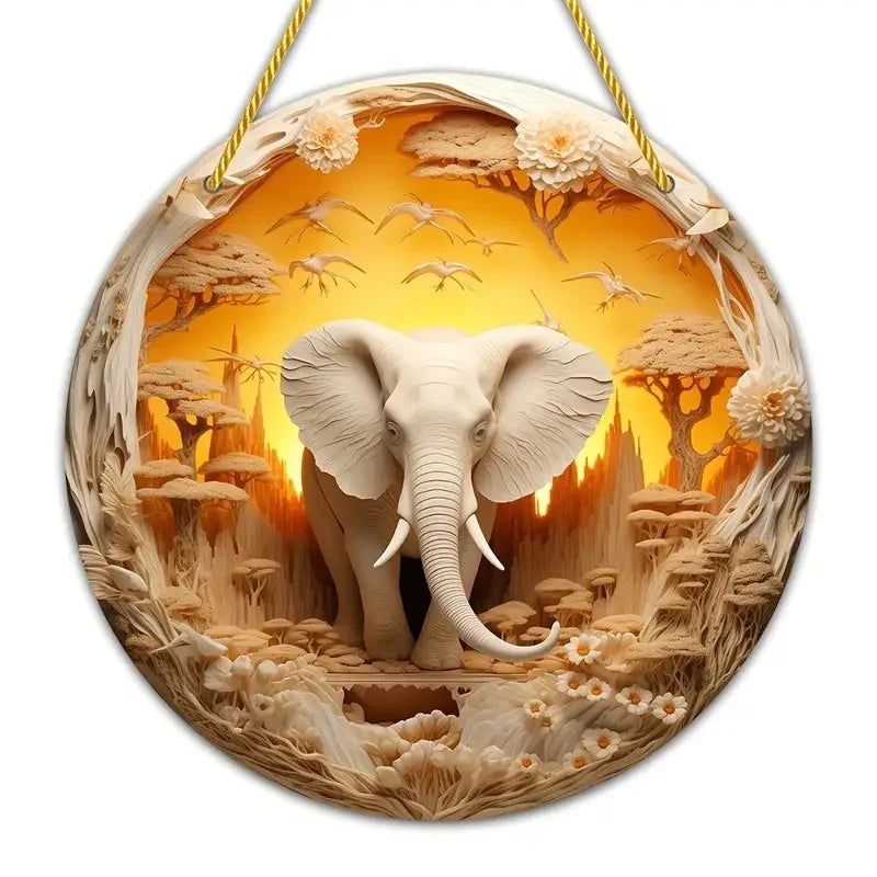 Strong Elephant Sun Catcher- Round Acrylic Stained Art Translucent Window Hanging,Home,Porch,room,Farmhouse Garden Decor