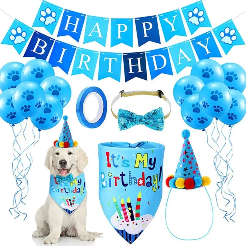 Dog Birthday Party Supplies Dog Girl Boy Birthday Bandanas Set with Dog Birthday Hat Scarf Birthday Banner Balloons and Bowtie