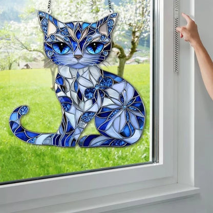 Cat Sun Catcher Ornament Acrylic Blue-white Stained Glass Window Hanging for Indoor/Outdoor Decor Garden Room Gift for Friends