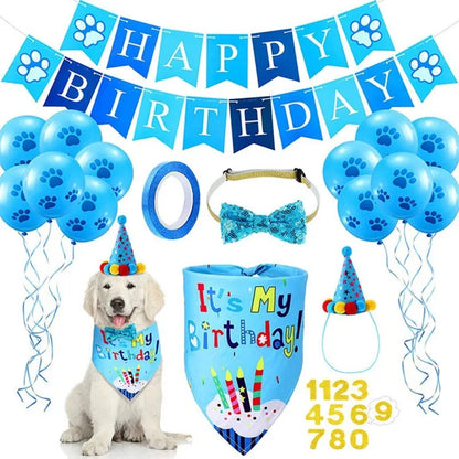 Dog Birthday Party Supplies Dog Girl Boy Birthday Bandanas Set with Dog Birthday Hat Scarf Birthday Banner Balloons and Bowtie